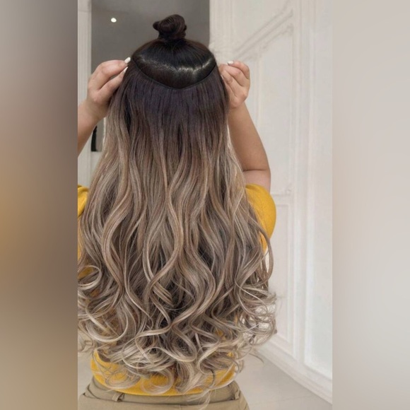 24 In One Piece  U Shape Clip In Wavy Extensions Balayage hair Style - dark root - Picture 8 of 12